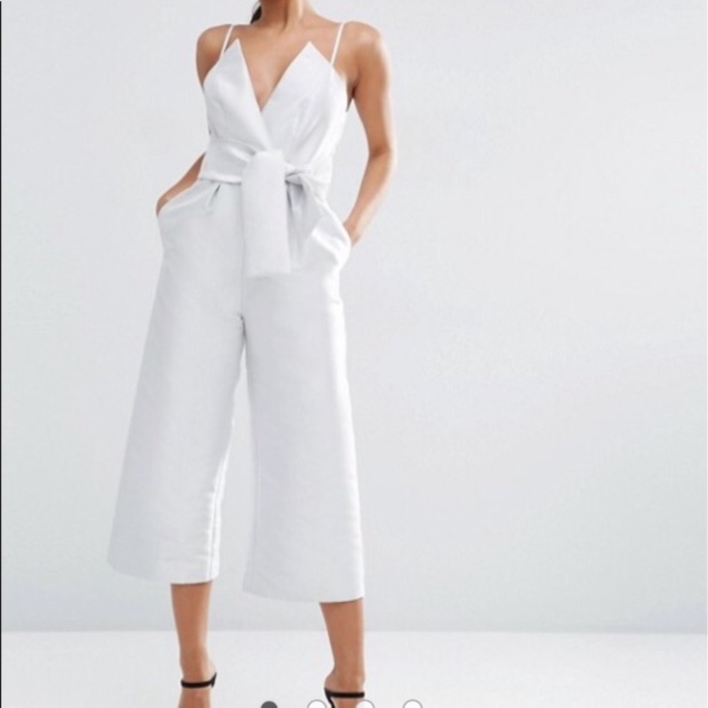ASOS Bonded Satin Jumpsuit w/bow detail | light silver | Size 4/6